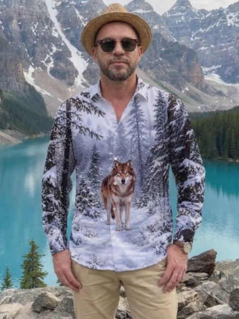 Oceanlyte Men's Printed Wolf In Snowy Forest Print Long Sleeve Shirt with Chest Pocket