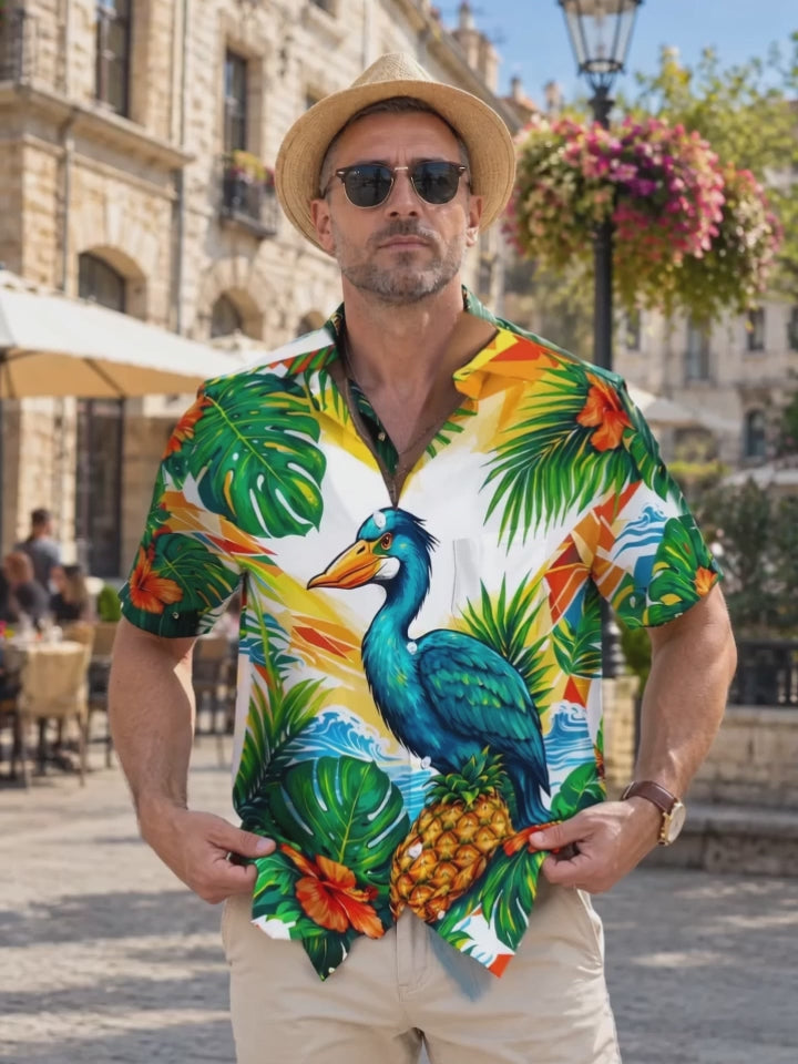 Oceanlyte Men's Hawaiian Blue Pelican And Pineapple Print Short Sleeve Shirt with Chest Pocket