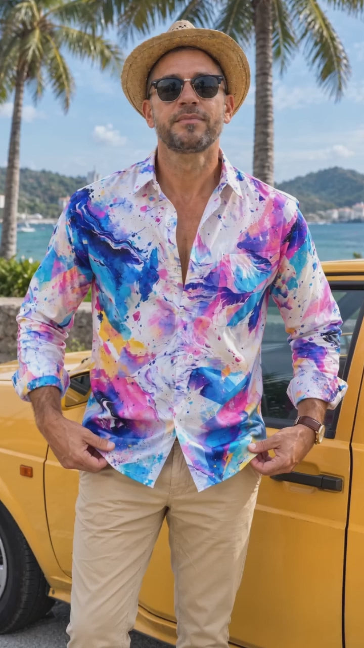 Oceanlyte Men's Abstract Watercolor Splashes And Swirls Print Long Sleeve Shirt with Chest Pocket