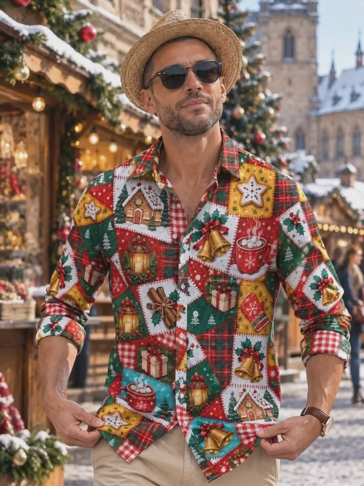 Oceanlyte Men's Graphic Christmas Patchwork Motifs Print Long Sleeve Shirt with Chest Pocket