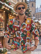 Oceanlyte Men's Graphic Christmas Patchwork Motifs Print Long Sleeve Shirt with Chest Pocket