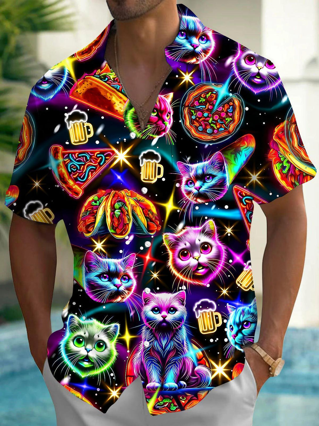 Cat Pizza Men's Pocket Short Sleeve Shirts