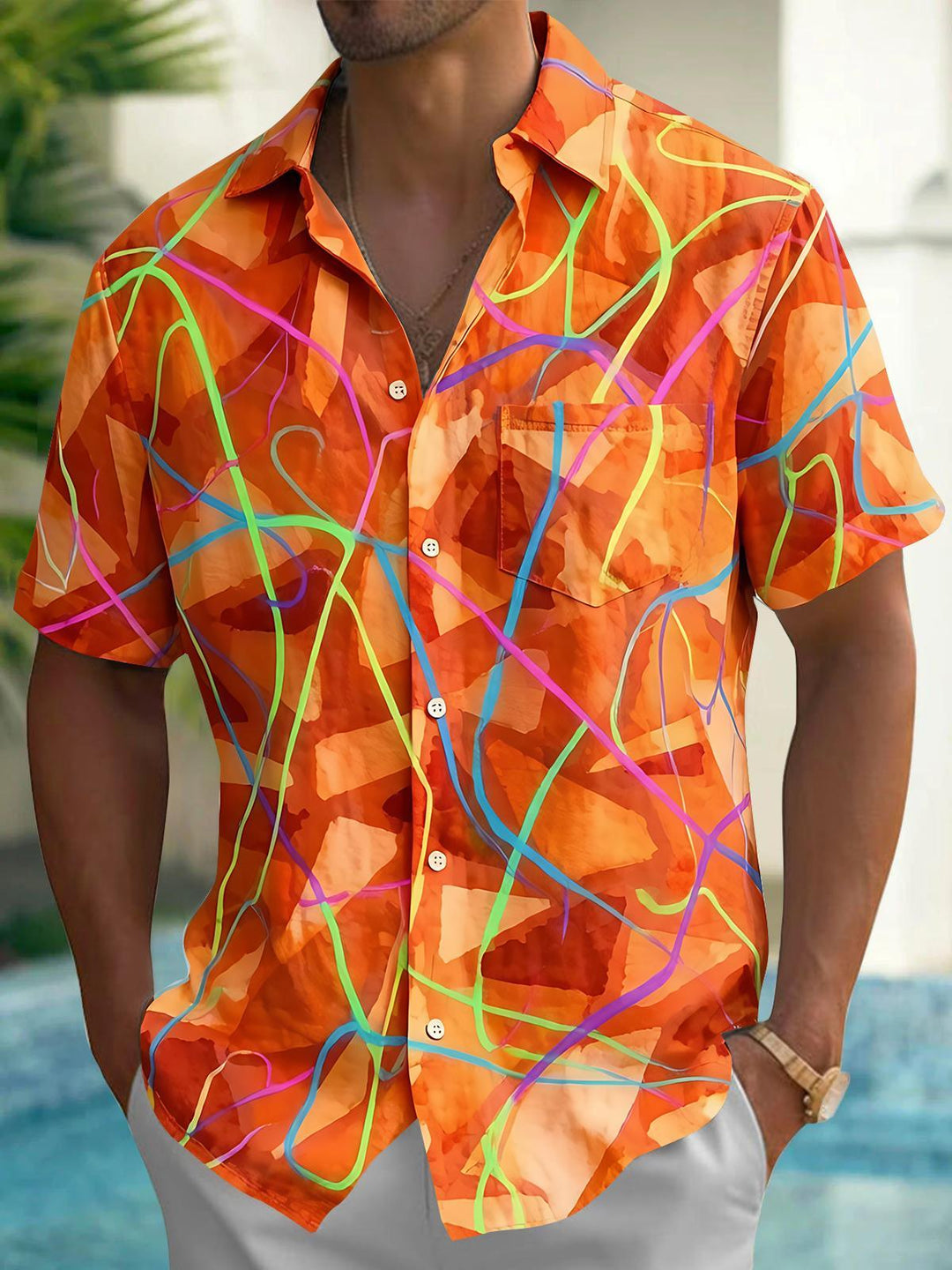 Orange Abstract Neon Line Art Men's Pocket Short Sleeve Shirts