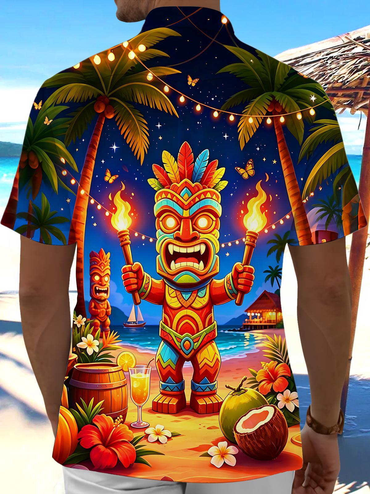 Fun Hawaiian Tiki Tribal Totem Torch Beach Party Night Men's Pocket Short Sleeve Shirts