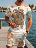 Retro Guitar Peace Men's Short Sleeve Round Neck T-shirt And Shorts Set