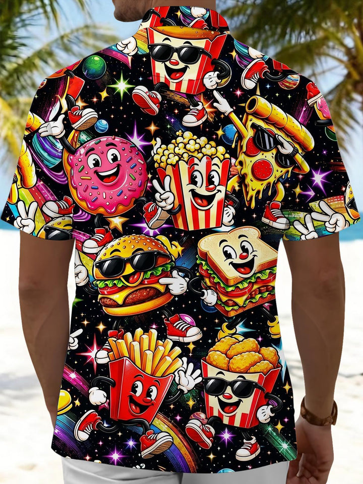 Food Hamburgers French Fries Popcorn Donut Print Men's Pocket Short Sleeve Shirts