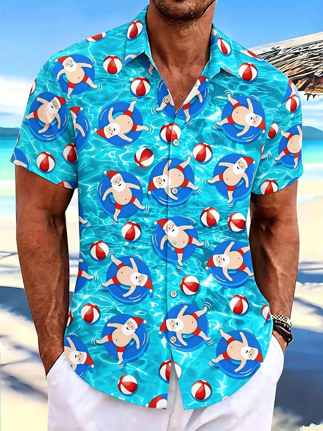 Summer Christmas Hawaiian Santa Claus Print Men's Pocket Short Sleeve Shirts