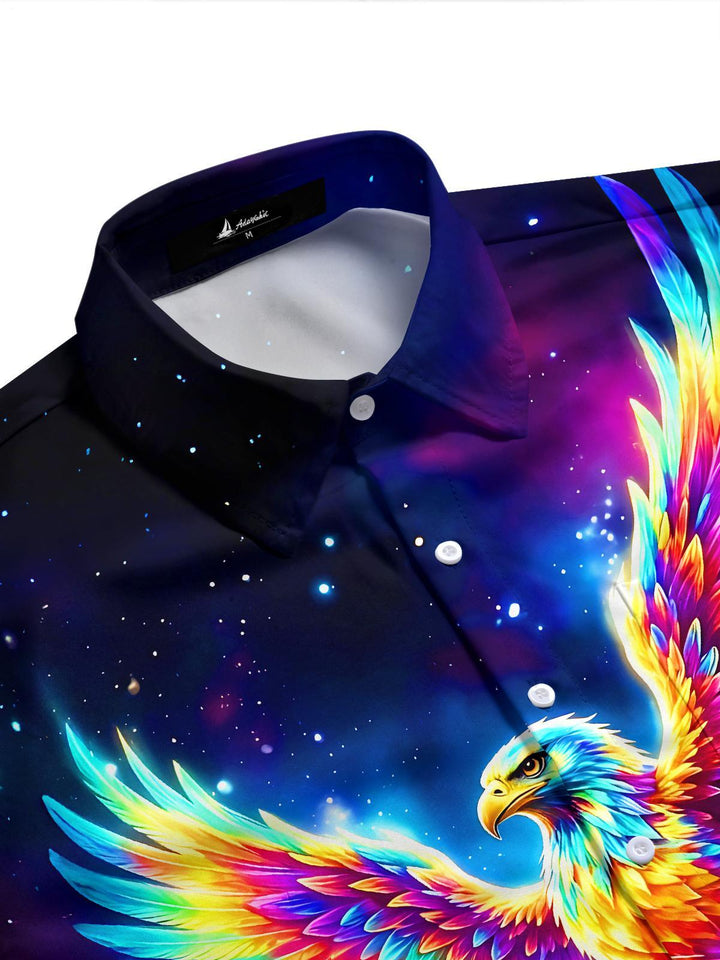 Dark Starry Sky Iridescent Eagle Spreading Wings Men's Pocket Short Sleeve Shirts