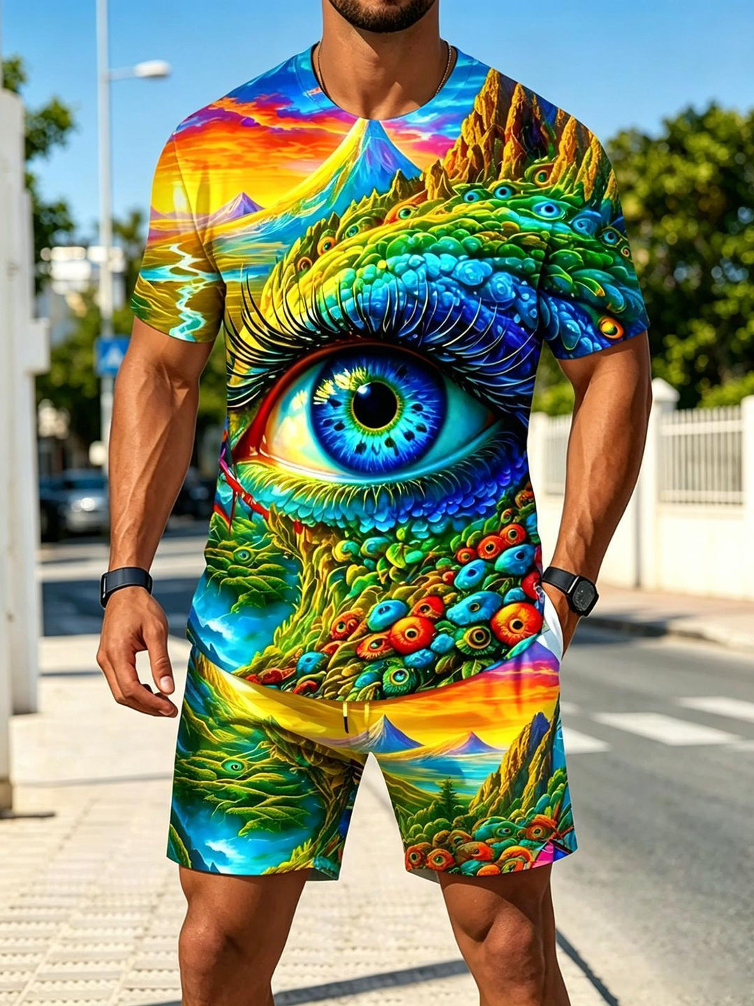 Eyes Men's Short Sleeve Round Neck T-shirt And Shorts Set