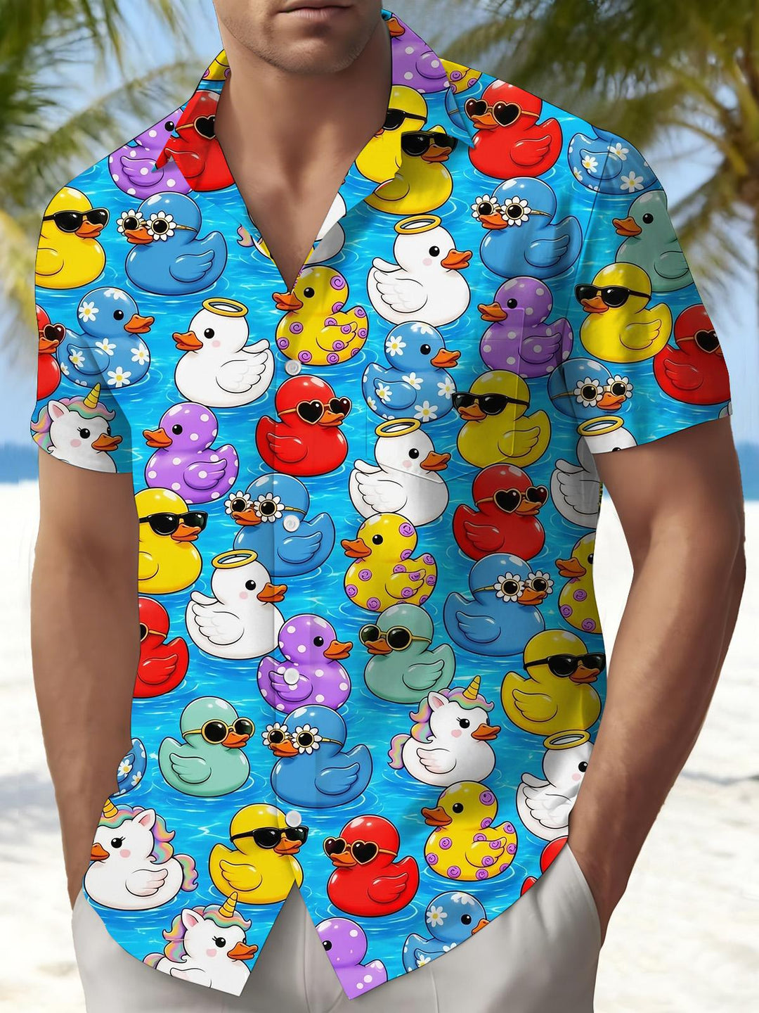 Cute Rubber Duck Hawaiian Print Men's Pocket Short Sleeve Shirts