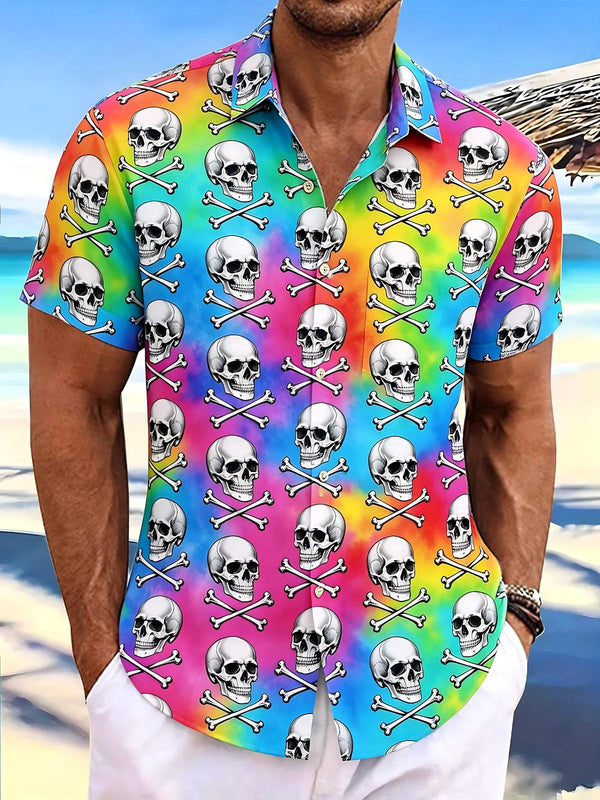 Colorful Gradient Skull Print Men's Pocket Short Sleeve Shirts