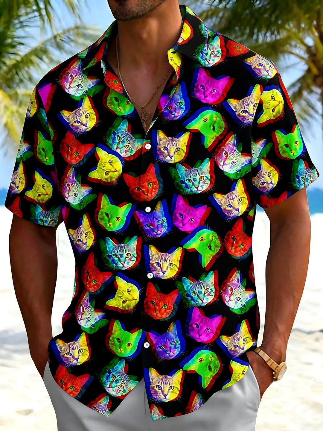 Colorful Cat Print Men's Pocket Short Sleeve Shirts