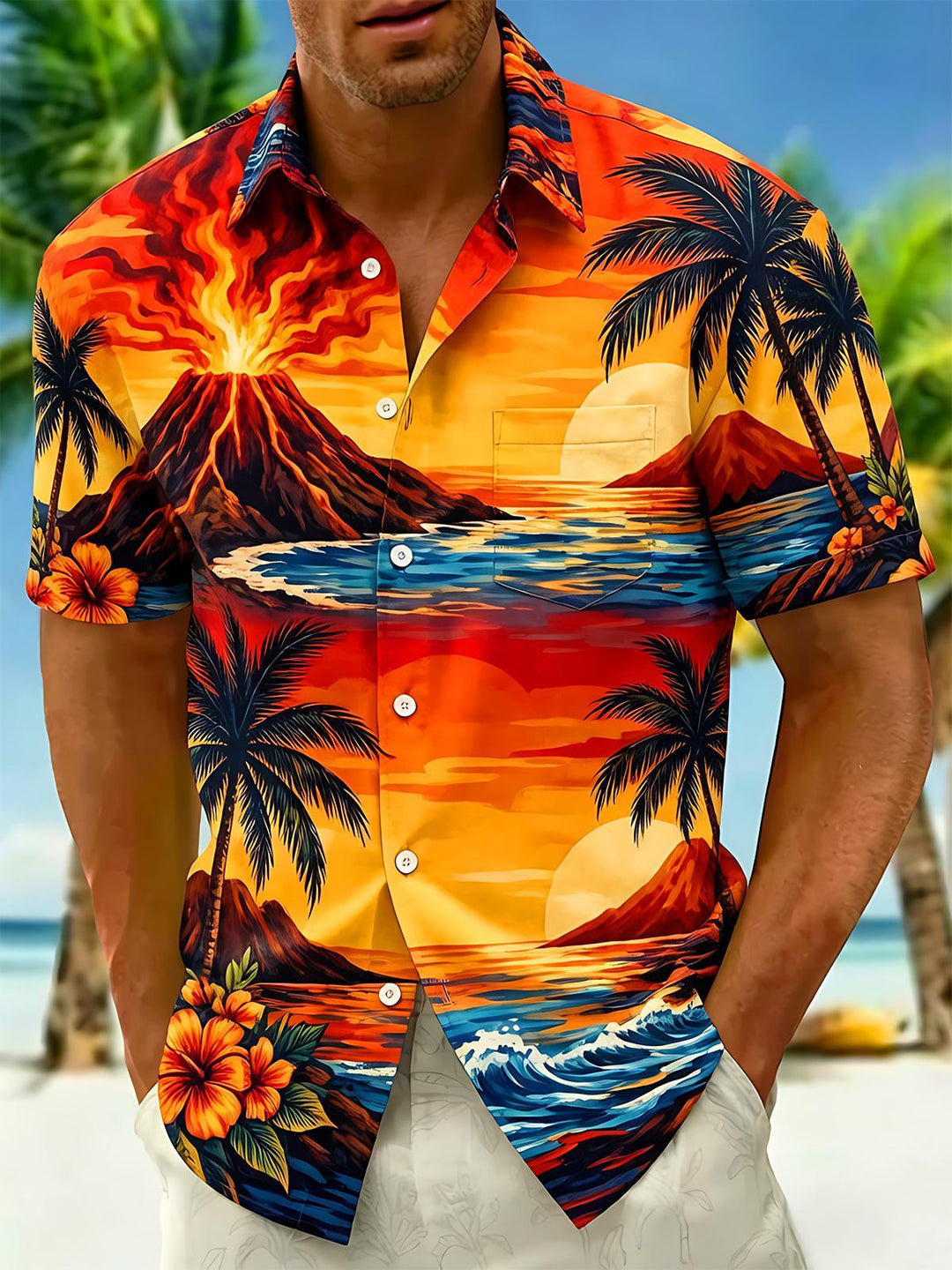 Hawaiian Volcano Sunset Palm Sea View Men's Pocket Short Sleeve Shirts