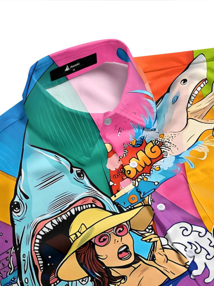 Shark Sailboat Art Print Men's Pocket Short Sleeve Shirts