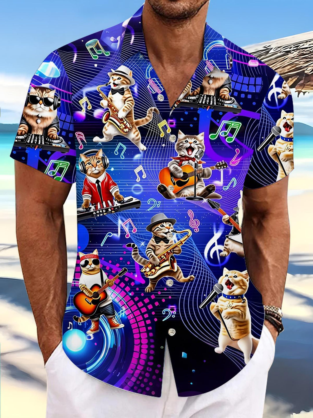 Musical Rock Cat Print Men's Pocket Short Sleeve Shirts