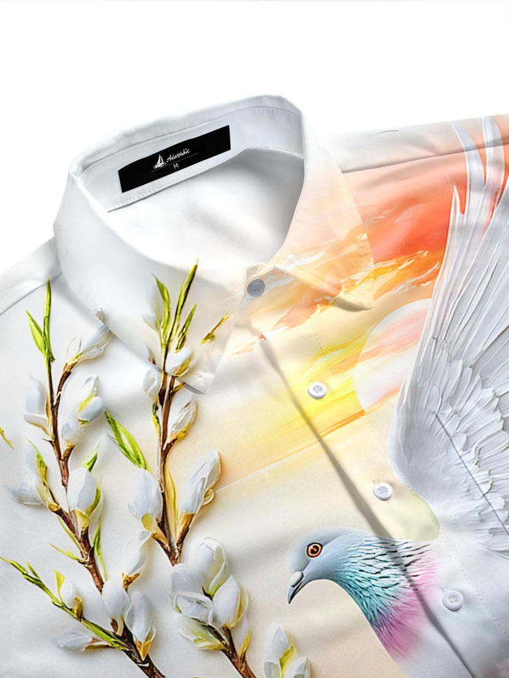 White Dove Flower Print Men's Pocket Short Sleeve Shirts
