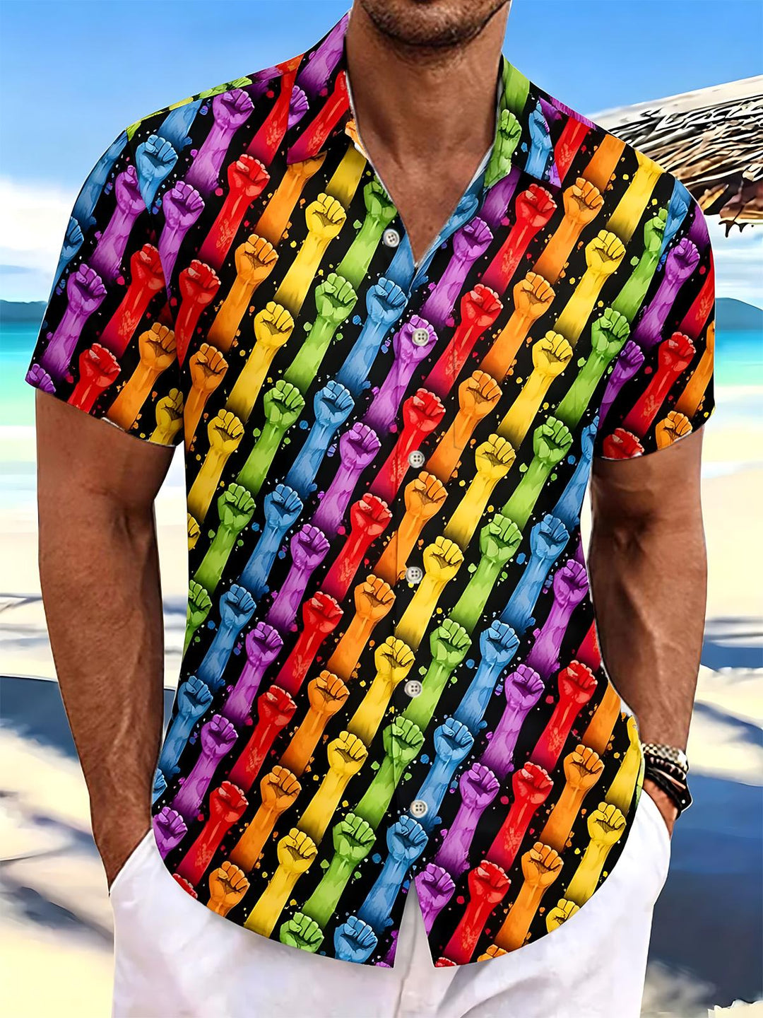 Colorful Fist Print Men's Pocket Short Sleeve Shirts