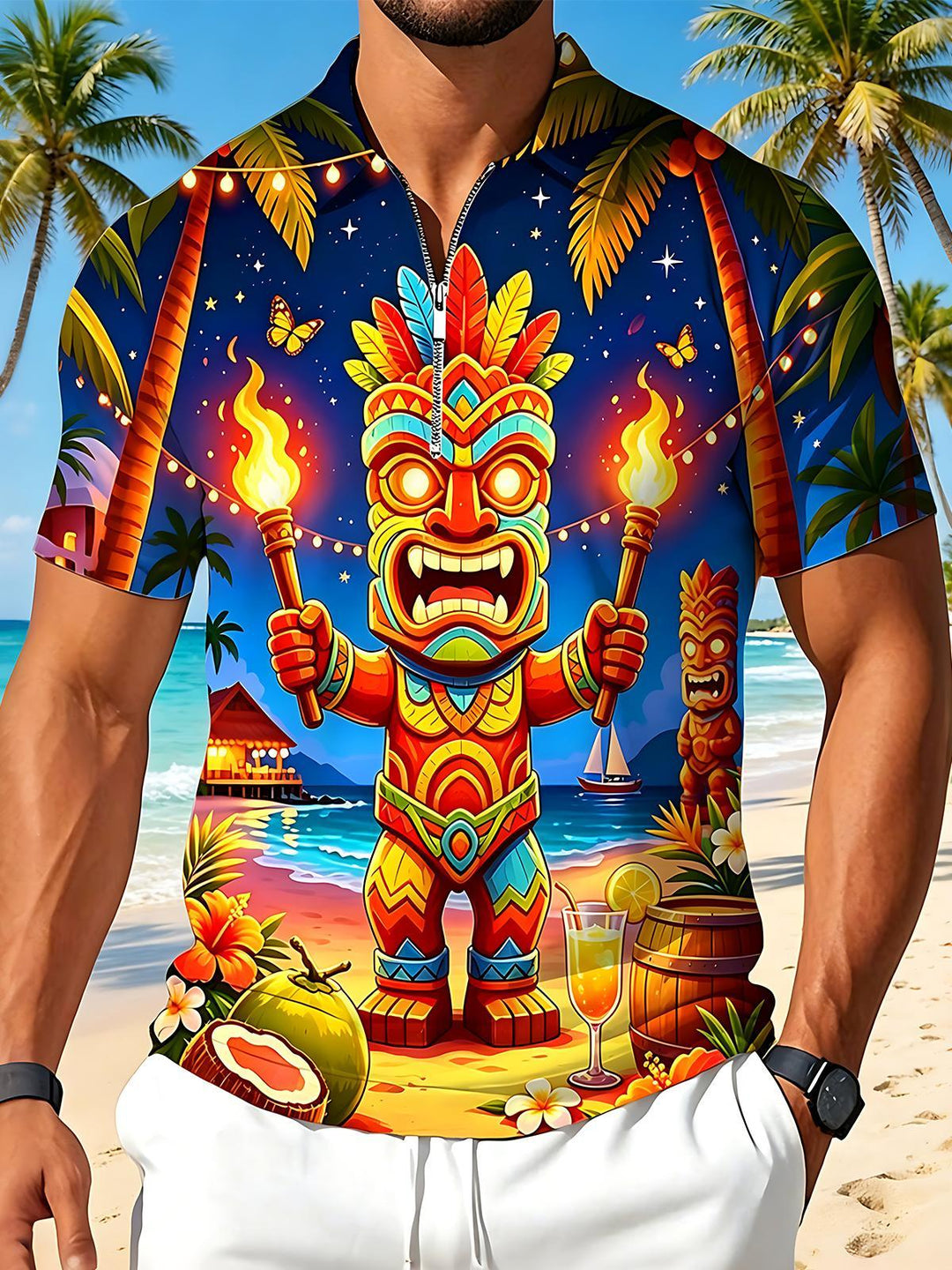 Fun Hawaiian Tiki Statue Torch Island Men's Short Sleeve Zipper Polo