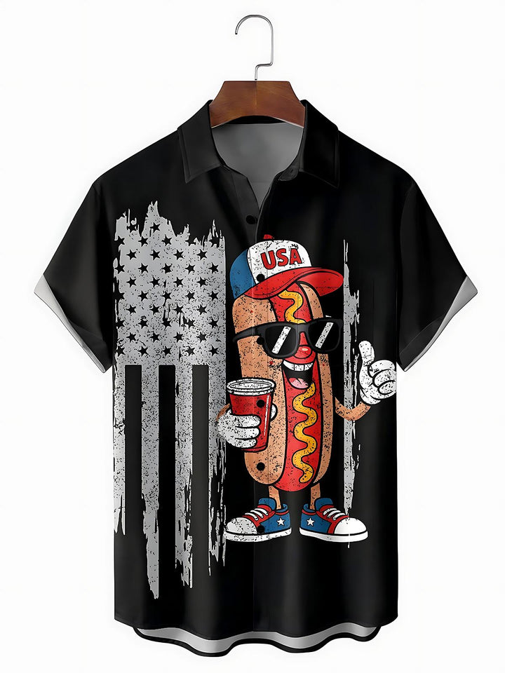 Independence American Flag Hot Dog Men's Pocket Short Sleeve Shirts