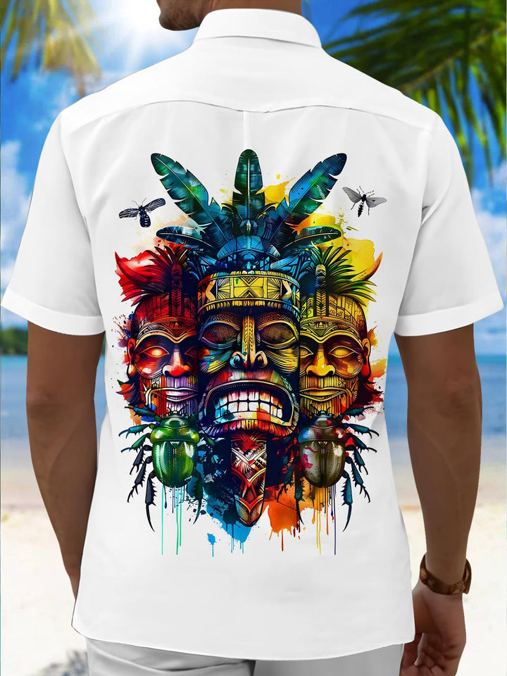 Hawaiian Tiki Face Men's Pocket Short Sleeve Shirts