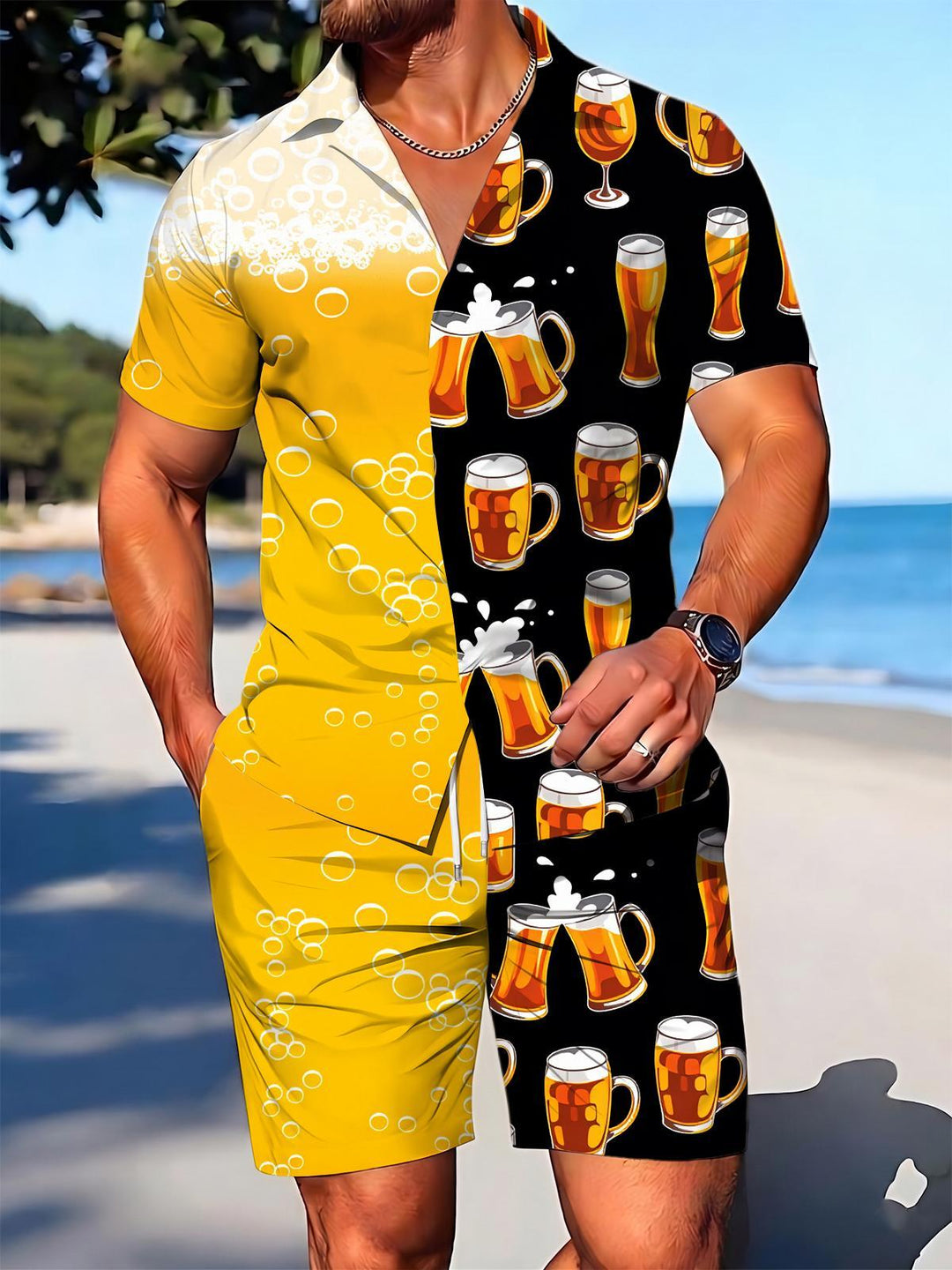 Beer Print Men's Short Sleeve Cuban Collar Pocket Shirts And Shorts Set