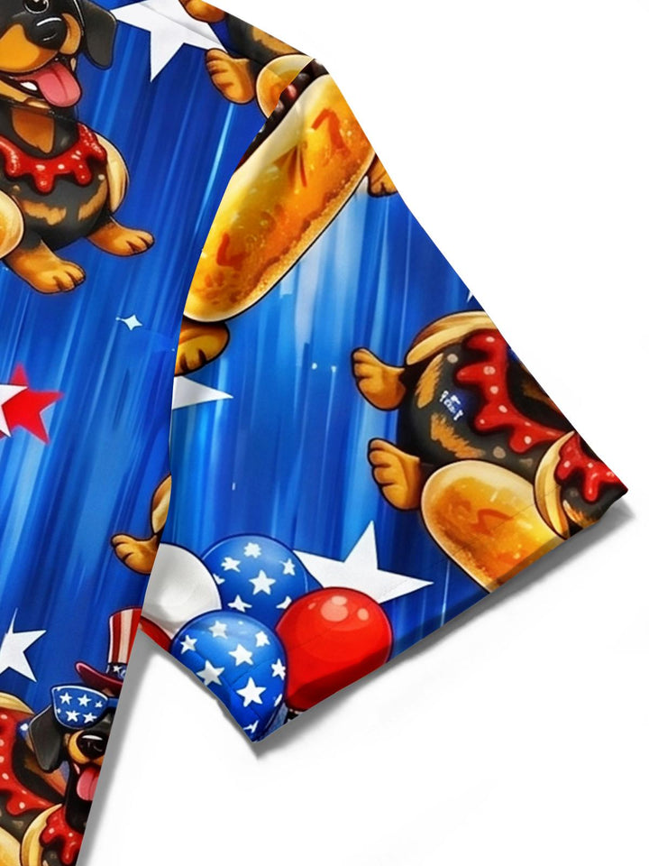 Independence Day American Flag Dachshund Hot Dog Print Men's Pocket Short Sleeve Shirts
