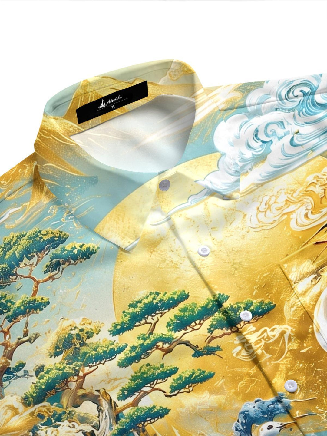 Art Gold Foil Scenery Red-Crowned Crane Lotus Mountain Wave Men's Pocket Short Sleeve Shirts