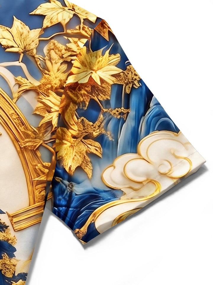 Art Gold Foil Mountain Scenery Clock Men's Pocket Short Sleeve Shirts