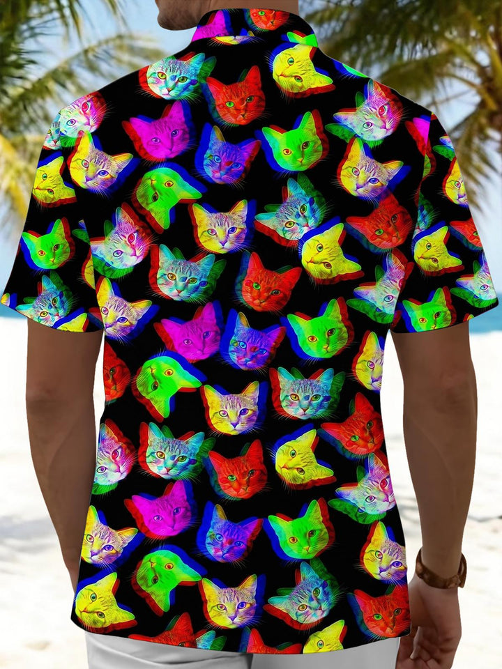 Colorful Cat Print Men's Pocket Short Sleeve Shirts
