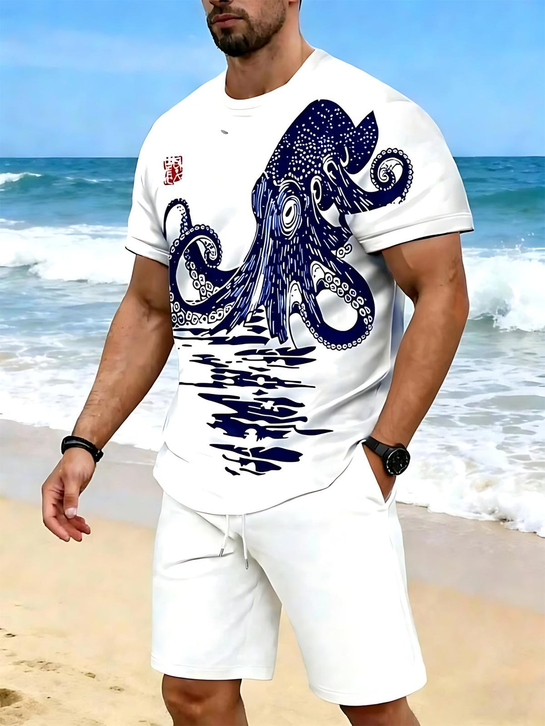 Hawaiian Octopus Men's Short Sleeve Round Neck T-shirt And Shorts Set