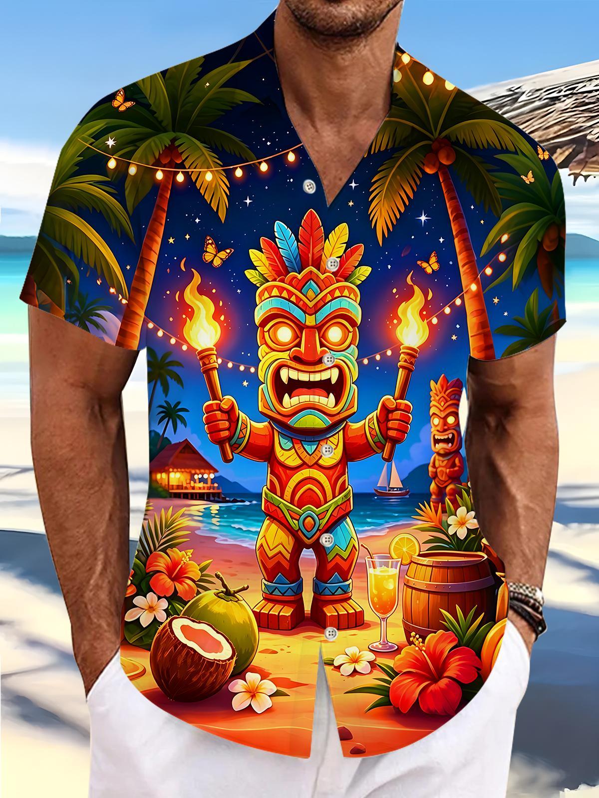 Fun Hawaiian Tiki Tribal Totem Torch Beach Party Night Men's Pocket Short Sleeve Shirts
