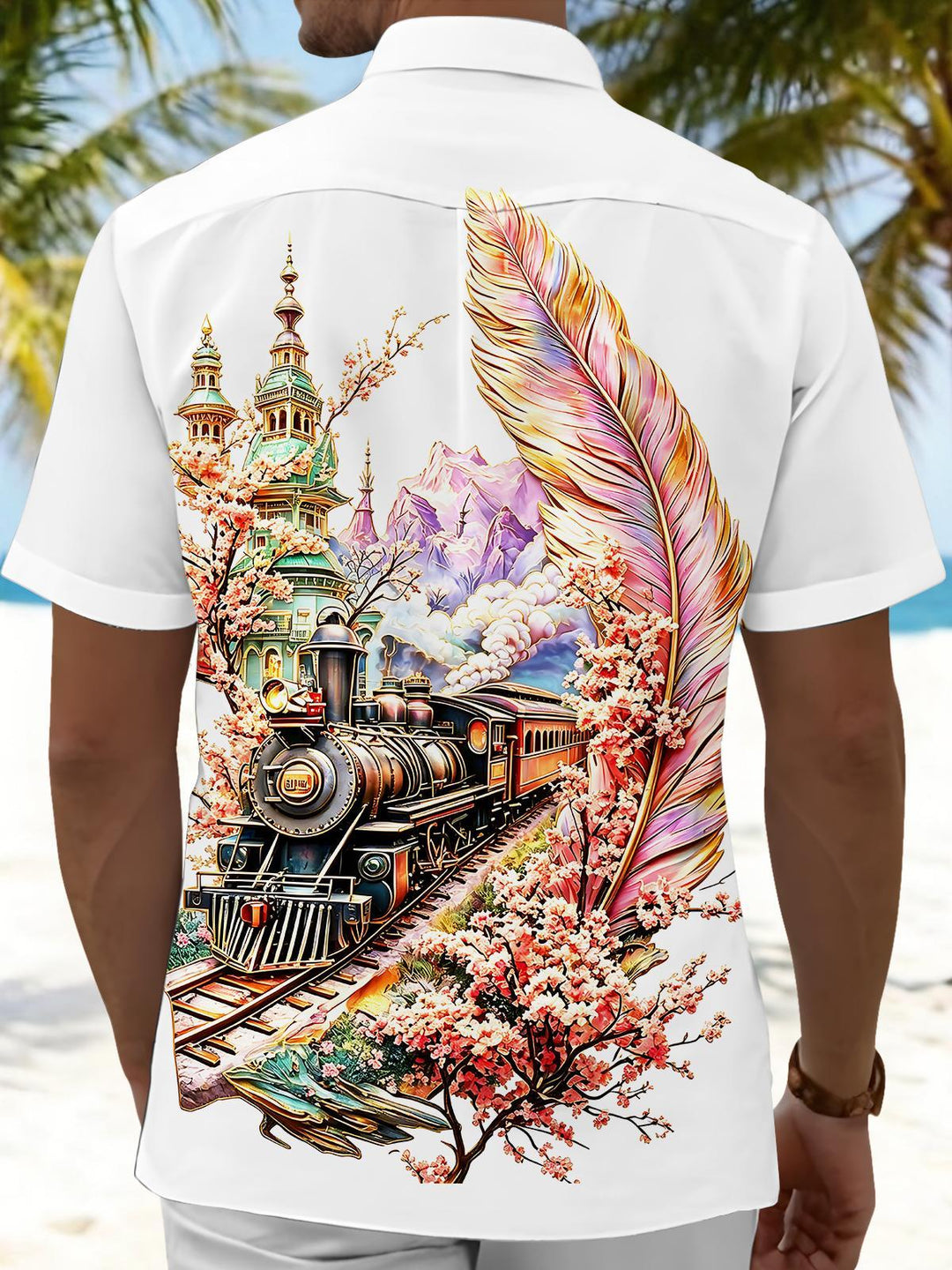 Art Vintage Steam Train Cherry Blossom Feather Castle Scenery Men's Pocket Short Sleeve Shirts
