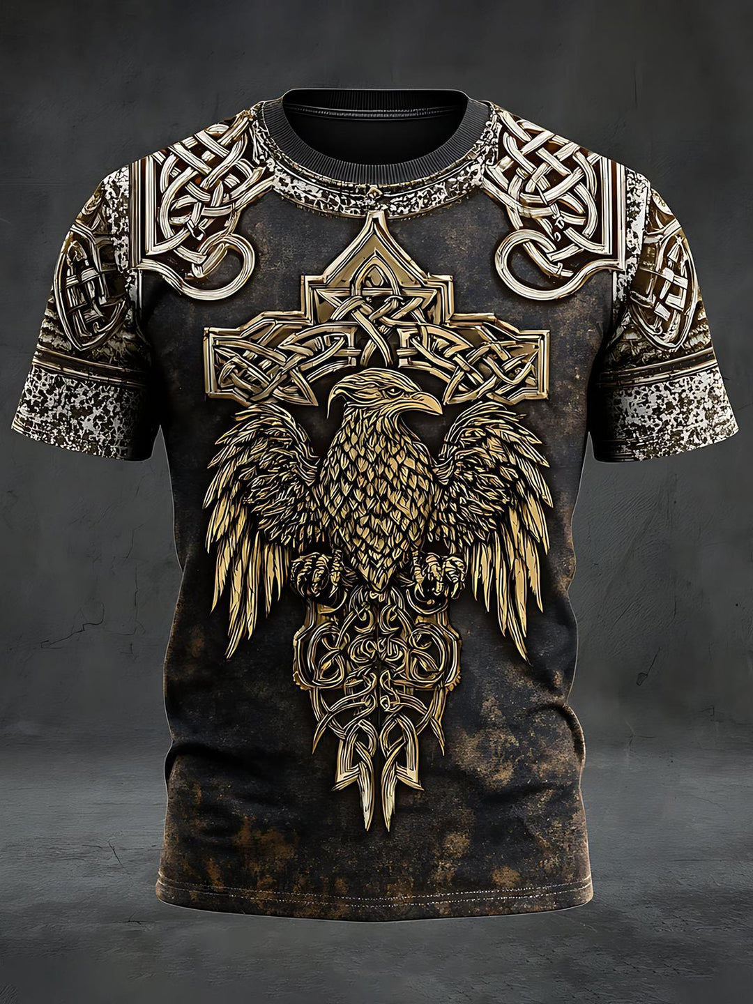 Viking Eagle Print Round Neck Short Sleeve Men's T-shirt