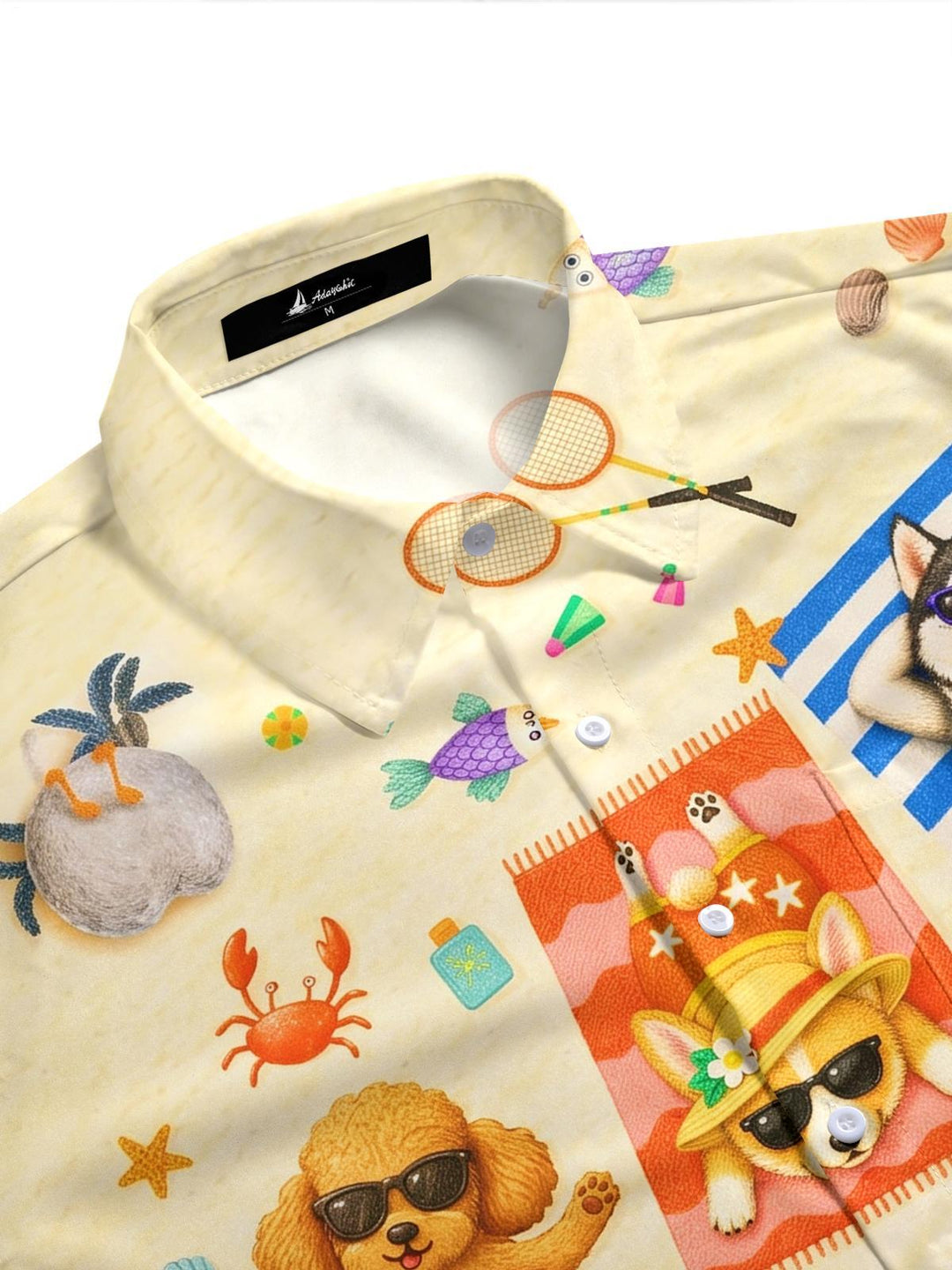 Hawaiian Beach Animal Puppy Print Men's Pocket Short Sleeve Shirts