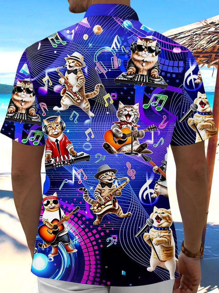Musical Rock Cat Print Men's Pocket Short Sleeve Shirts