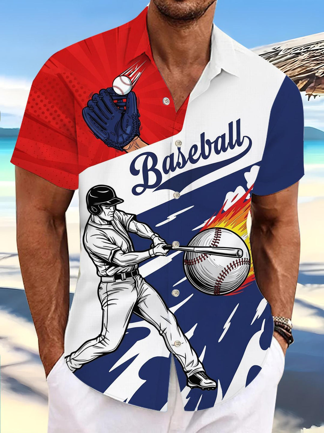 Baseball Print Men's Pocket Short Sleeve Shirts