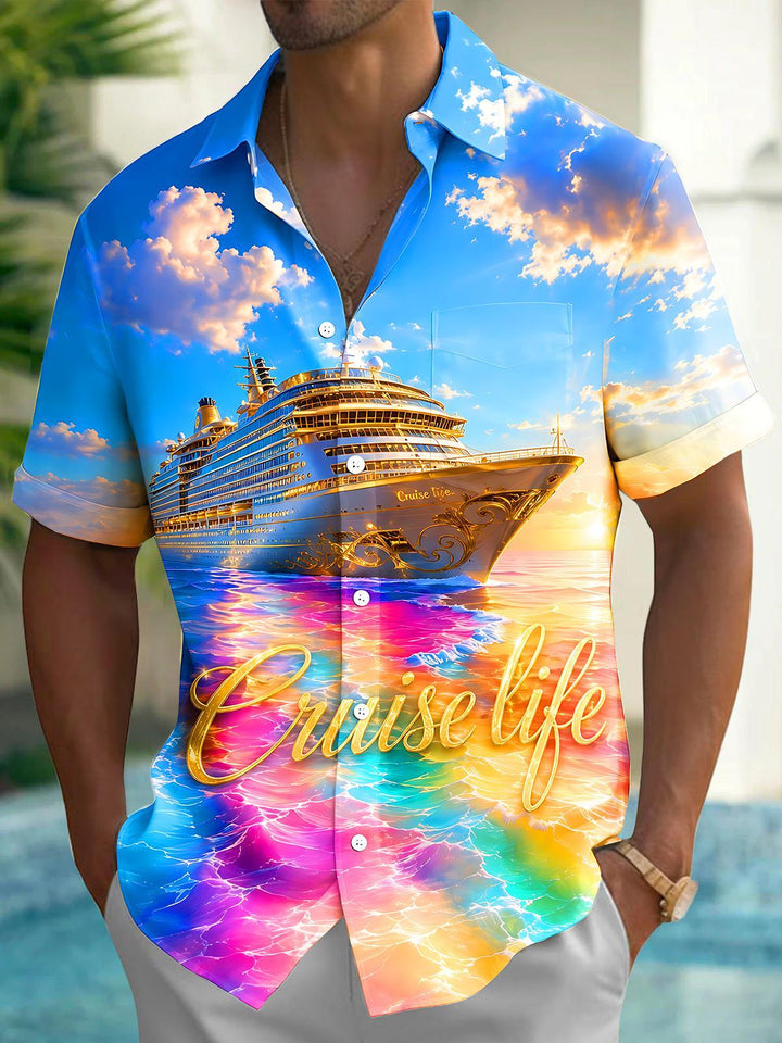 Colorful Sea Surface Luxury Cruise Life Men's Pocket Short Sleeve Shirts