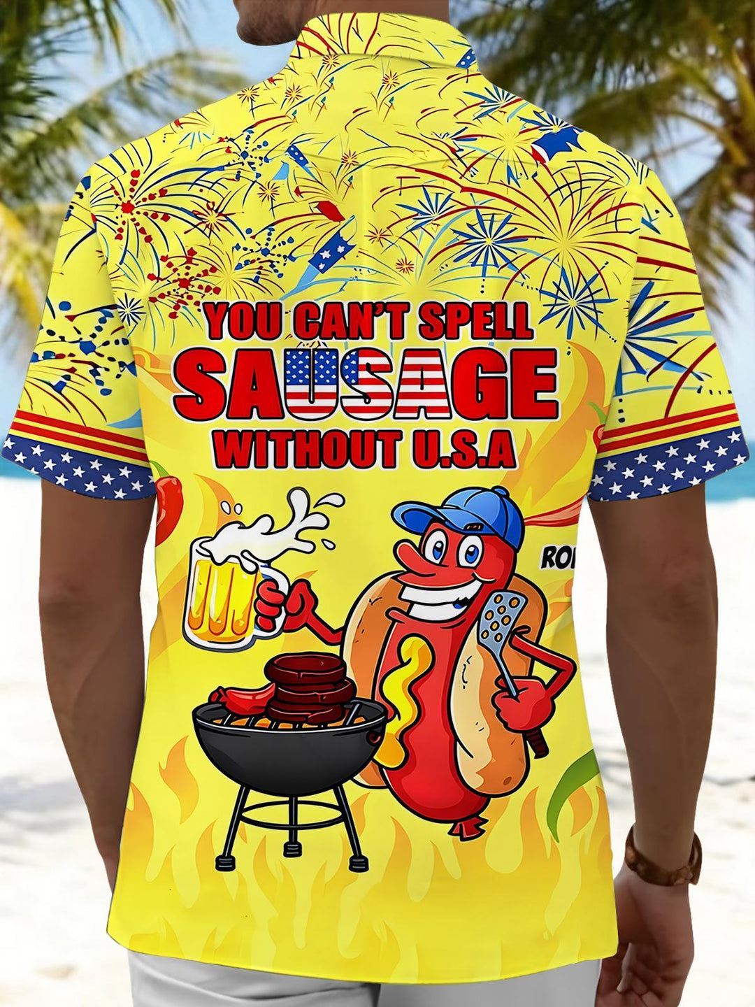 Hot Dog BBQ American Flag Print Men's Pocket Short Sleeve Shirts