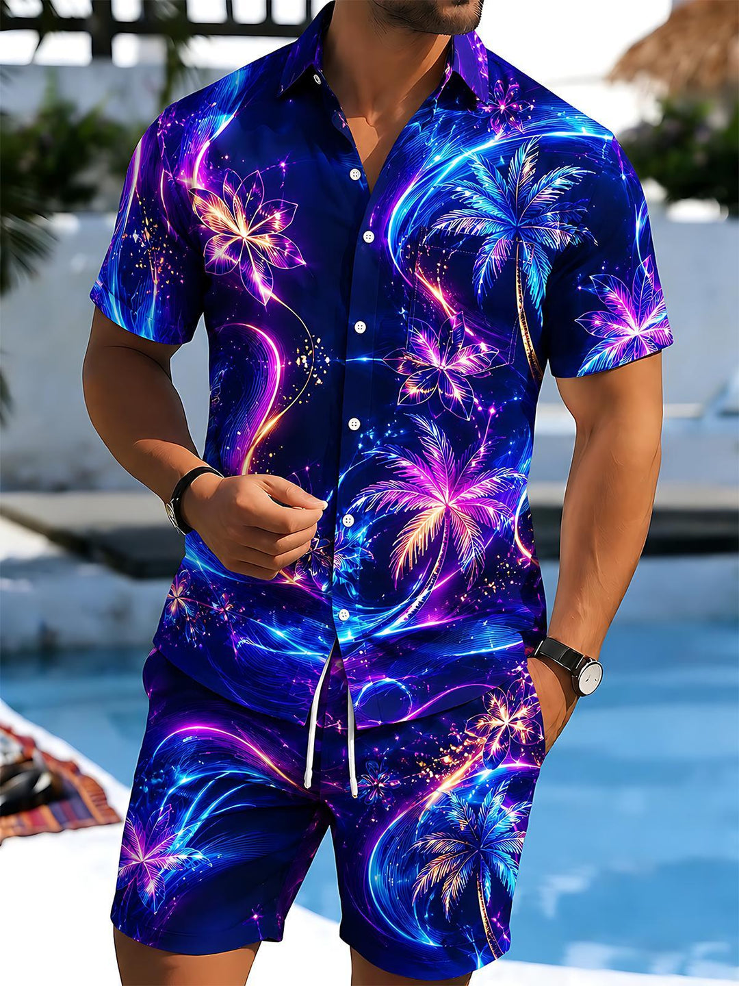 Neon Iridescent Glowing Coconut Tree Men's Short Sleeve Pocket Shirts And Shorts Set
