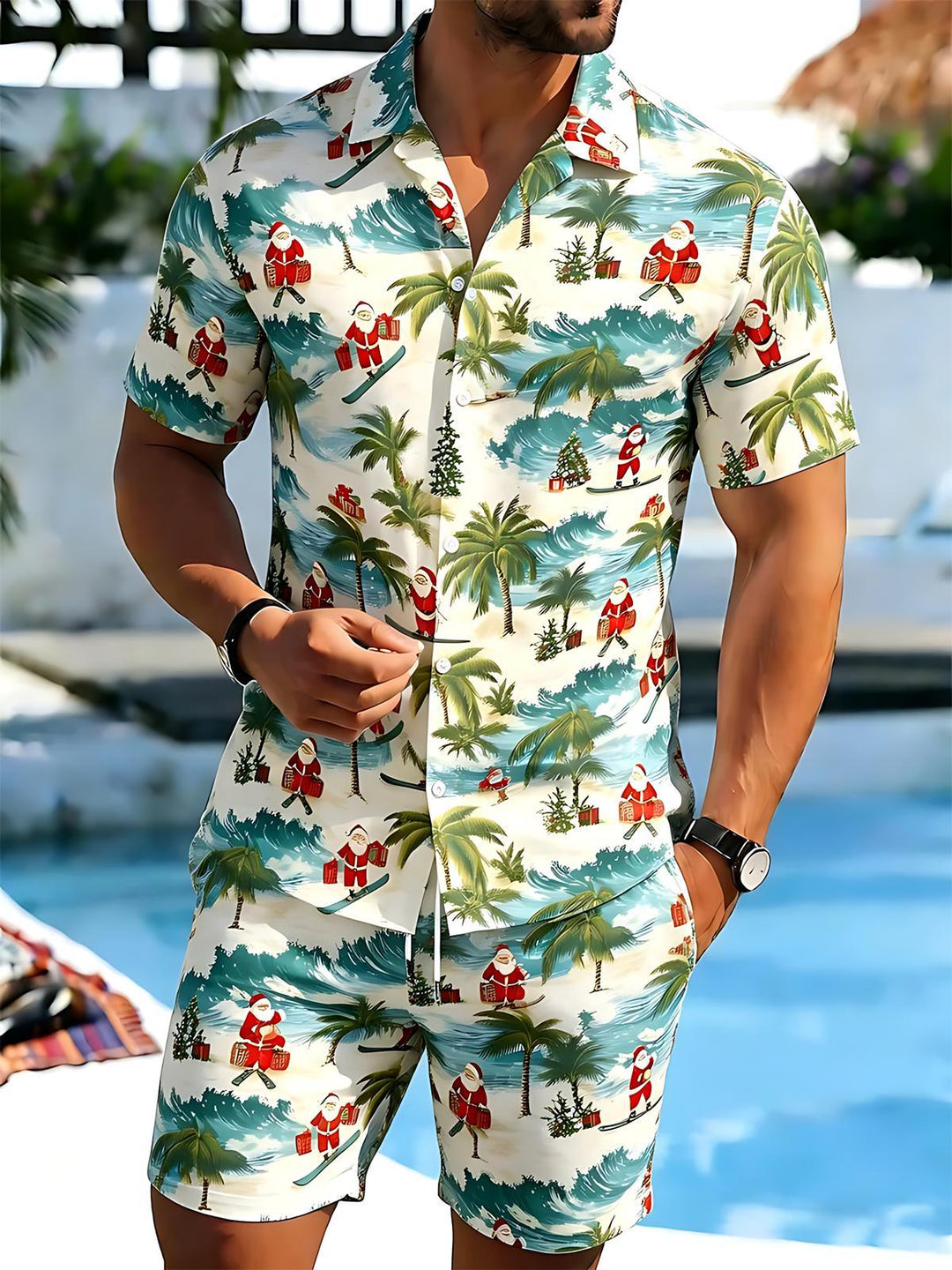 Santa Claus Coconut Tree Men's Short Sleeve Pocket Shirts And Shorts Set