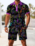 Musical Note Print Men's Short Sleeve Zipper Polo And Shorts Set