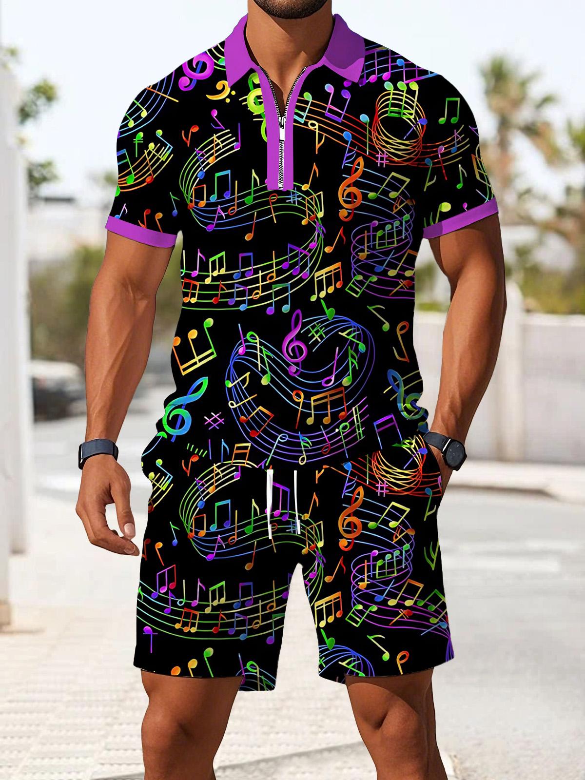 Musical Note Print Men's Short Sleeve Zipper Polo And Shorts Set