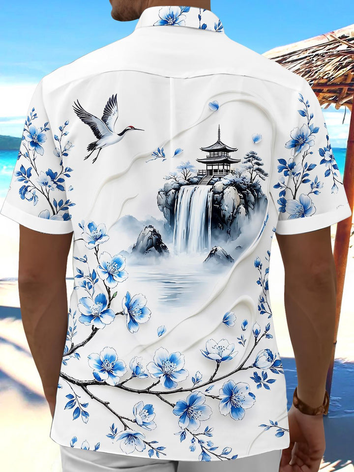 Art Blue And White Porcelain Landscape Red-Crowned Crane Men's Pocket Short Sleeve Shirts