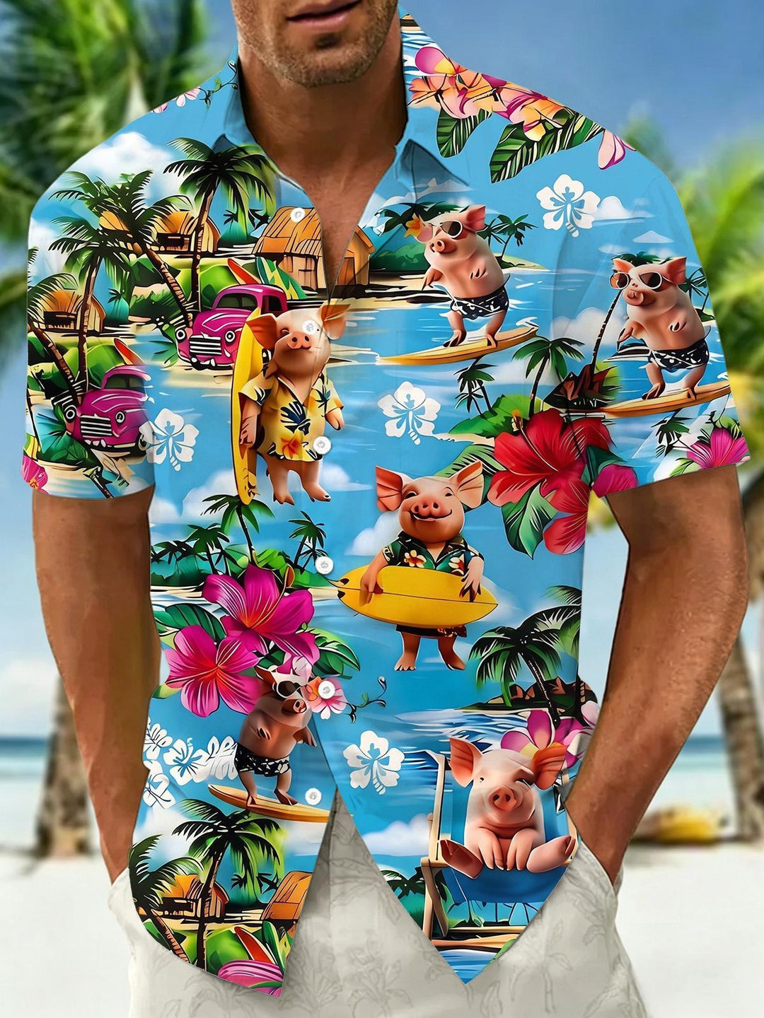 Fun Hawaii Surfing Pig Island Hibiscus Men's Pocket Short Sleeve Shirts