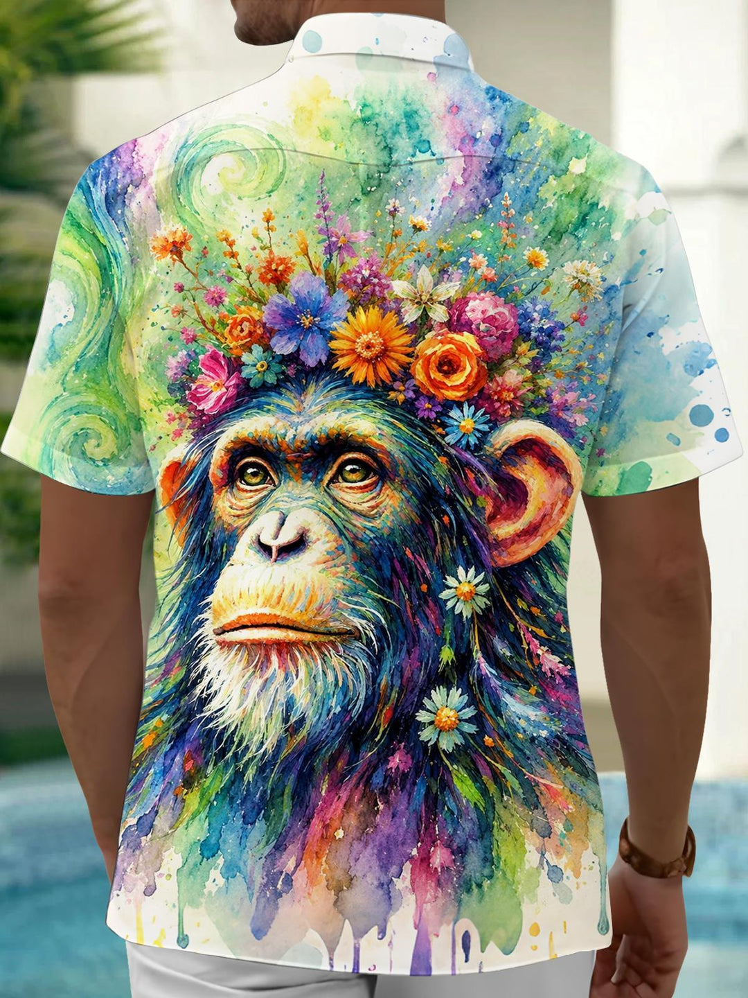 Chimpanzee Flower Print Men's Pocket Short Sleeve Shirts