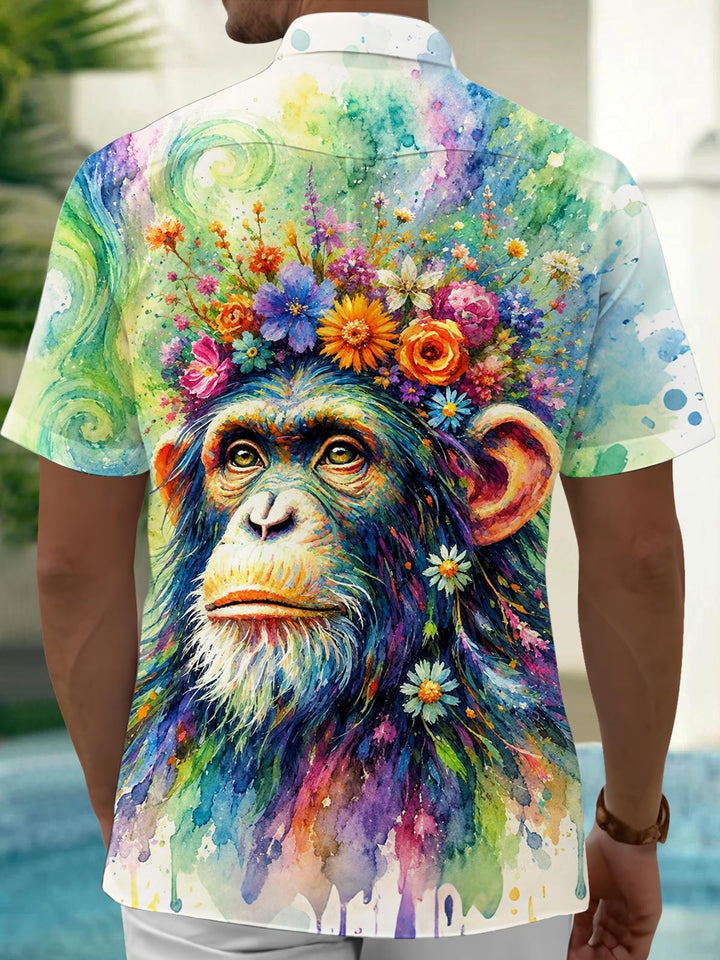 Chimpanzee Flower Print Men's Pocket Short Sleeve Shirts