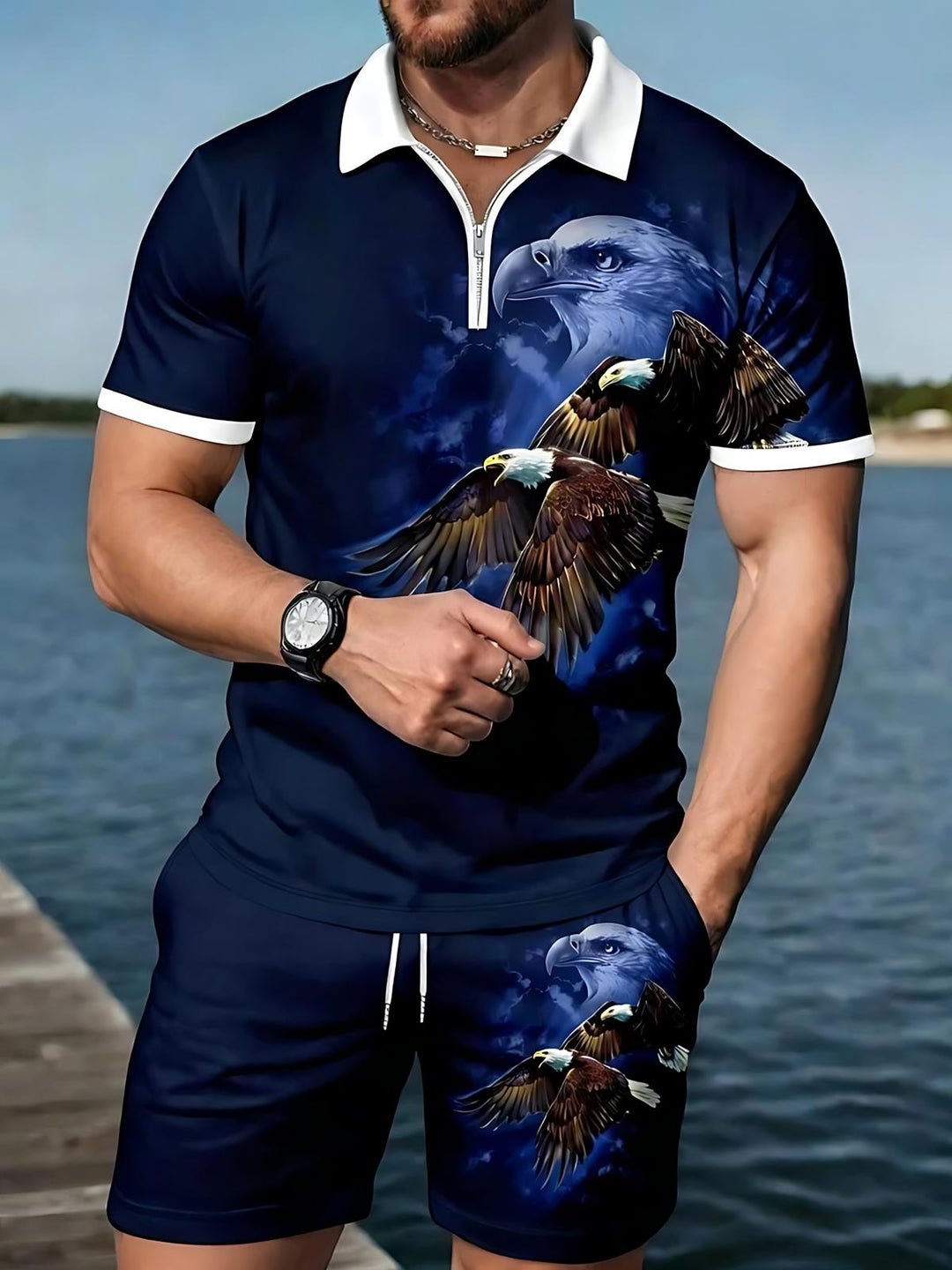 Eagle Men's Short Sleeve Zipper Polo And Shorts Set