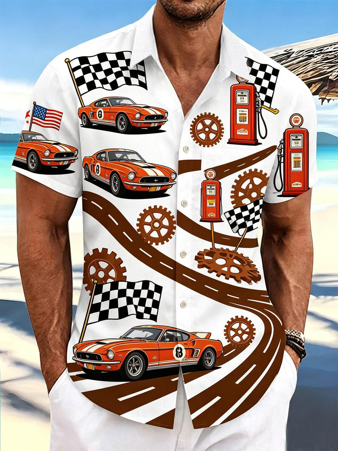 Racing Flag Print Men's Pocket Short Sleeve Shirts