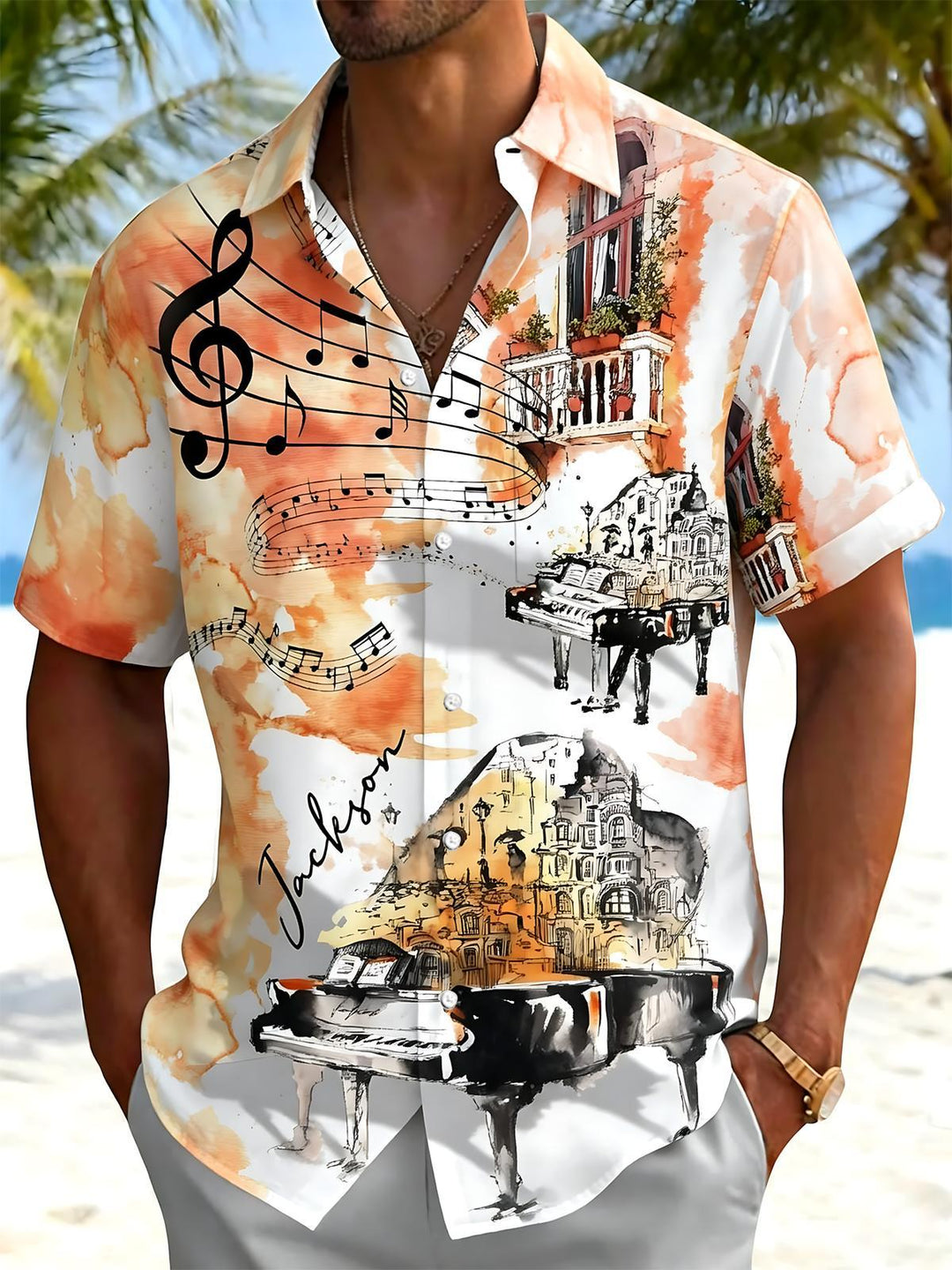 Tie Dye Music Piano Note Print Men's Pocket Short Sleeve Shirts