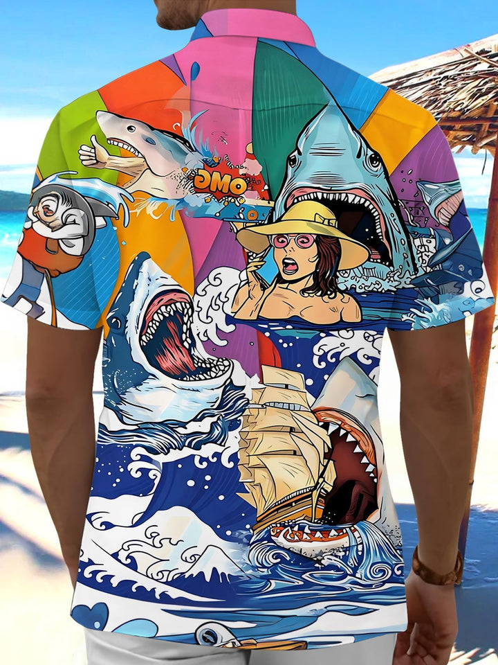 Shark Sailboat Art Print Men's Pocket Short Sleeve Shirts